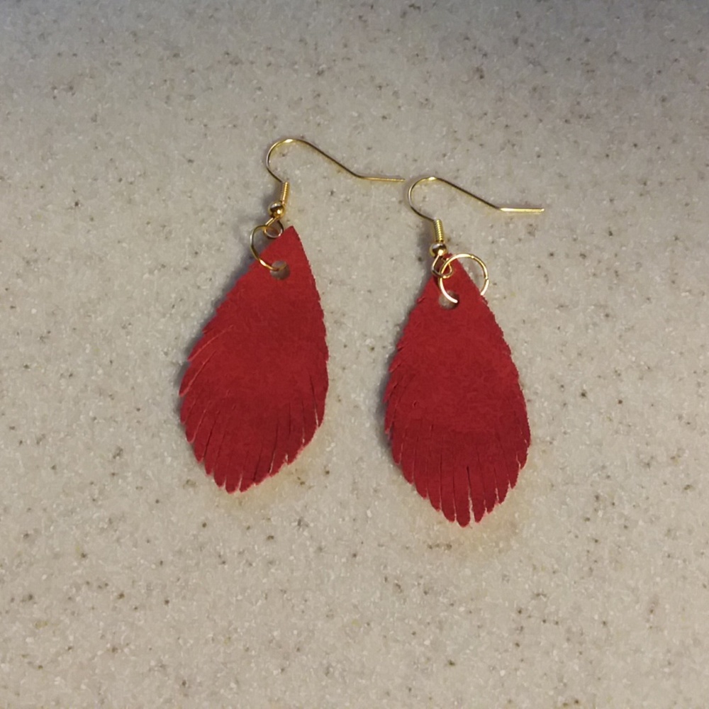 NEW Red, teardrop, feather earrings, gold accents